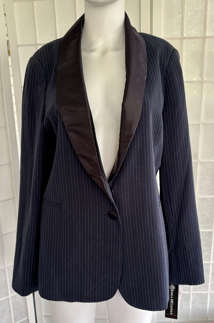 Vintage Y2K Jessica McClintock Navy Pinstripe Tuxedo Blazer Satin Lapel 12 NWT